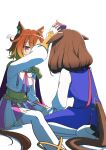  2girls animal_ears brown_hair cofee_fan crown dress ear_piercing fingerless_gloves gloves highres holding horse_ears horse_girl horse_tail long_hair long_sleeves looking_at_another meisho_doto_(umamusume) mini_crown multiple_girls orange_hair piercing purple_eyes short_hair simple_background sitting skirt t.m._opera_o_(umamusume) tail thighhighs twitter_username umamusume white_background white_gloves 