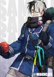  1boy another_eidos-r apple backpack bag bandaid bandaid_on_face black_gloves black_hair black_scarf blue_coat coat cowboy_shot food fruit glasses gloves gradient_background grin hair_over_one_eye highres holding holding_food holding_fruit looking_at_viewer male_focus multicolored_hair sample_watermark scar scar_on_face scar_on_forehead scarf sharp_teeth signature smile solo teeth thorkell_(another_eidos) two-tone_hair waku_(ayamix) watermark white_hair 