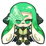  1girl agent_3_(splatoon) black_cape black_headphones cape green_eyes green_hair high-visibility_vest inkling inkling_girl inkling_player_character long_hair long_sleeves looking_at_viewer patchwork_clothes salmon_yeon_eo simple_background single_vertical_stripe solo splatoon_(series) splatoon_1 splatoon_2 splatoon_2:_octo_expansion squidbeak_splatoon suction_cups tentacle_hair vest white_background yellow_vest 