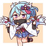  1girl bangs blue_bow blue_hair blue_skirt blue_wings blush bow brown_background chibi commentary_request covered_mouth eyebrows_visible_through_hair feet_out_of_frame fur-trimmed_sleeves fur_collar fur_trim hair_between_eyes hair_bow hana_kazari highres japanese_clothes kimono long_sleeves looking_at_viewer obi pinching_sleeves pleated_skirt pointy_ears princess_connect! purple_eyes sash shefi_(princess_connect!) skirt solo standing standing_on_one_leg two-tone_background white_background white_kimono wide_sleeves wings 