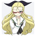  1girl alternate_costume assam_(girls_und_panzer) bespectacled black_neckerchief black_ribbon blonde_hair blouse blue_eyes border closed_mouth commentary_request cropped_torso finger_to_mouth girls_und_panzer glasses hair_pulled_back hair_ribbon highres ichinose_jun long_hair long_sleeves looking_at_viewer neckerchief one_eye_closed ooarai_school_uniform outside_border partial_commentary red-framed_eyewear ribbon sailor_collar school_uniform semi-rimless_eyewear serafuku simple_background smile solo under-rim_eyewear upper_body white_blouse white_border white_sailor_collar 