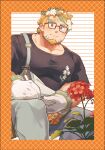  1boy absurdres bara black_shirt closed_mouth collarbone daisy facial_hair feet_out_of_frame floral_print flower glasses gloves goatee green_hair grey_overalls grid_background hair_flower hair_ornament highres hippolytus_(housamo) light_brown_hair looking_at_viewer male_focus manboobs multicolored_hair overalls plant sawch_cls shirt short_sleeves sideburns_stubble sitting solo stubble thick_eyebrows tokyo_afterschool_summoners two-tone_hair white_gloves writing 
