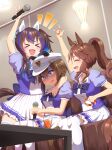  &gt;_&lt; 3girls \m/ absurdres animal_ears arm_around_shoulder arm_up back_bow blue_eyes blue_hair bow brown_hair cheval_grand_(umamusume) closed_eyes commentary_request couch cup daitaku_helios_(umamusume) ear_covers ear_ornament ear_piercing ears_through_headwear glass gloom_(expression) hair_between_eyes hair_ornament hairclip hat highres holding holding_microphone horse_ears horse_girl horse_tail indoors instrument karaoke long_hair mejiro_palmer_(umamusume) microphone multicolored_hair multiple_girls on_couch open_mouth petticoat piercing ponytail puffy_short_sleeves puffy_sleeves purple_bow purple_shirt school_uniform shirt short_sleeves skirt smile streaked_hair summer_uniform table tail tail_through_clothes tambourine terumasa_(amanoy) thighhighs tracen_school_uniform umamusume w white_hair white_hat white_thighhighs 