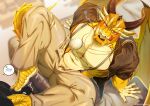  2_horns anthro bodily_fluids booboo34 clothed clothing dragon genital_fluids hi_res horn lifewonders male muscular muscular_anthro muscular_male mythological_creature mythological_scalie mythology ophion_(tas) partially_clothed scales scalie solo tokyo_afterschool_summoners wings yellow_body yellow_scales 