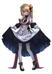  1girl absurdres apron blonde_hair clothes_lift flandre_scarlet hair_ribbon highres maid maid_apron maid_day maid_headdress necktie open_mouth red_ribbon ribbon side_ponytail skirt skirt_lift solo sparkle touhou user_sxyv2257 yellow_necktie 