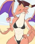  2021 anthro bikini breasts brunhilda_(dragalia_lost) claws clothed clothing cygames digital_media_(artwork) dragalia_lost dragon female genitals hi_res horn membrane_(anatomy) membranous_wings nintendo red_body red_scales scales simple_background solo swimwear unknown_artist video_games wings 