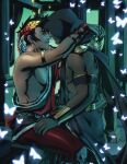  2boys ancient_greek_clothes armlet black_hair black_nails bug butterfly column dark-skinned_male dark_skin face-to-face feet_out_of_frame gauntlets glowing_butterfly greco-roman_clothes hades_(series) hades_1 hand_on_another&#039;s_neck hand_on_another&#039;s_thigh highres hood hood_up imminent_kiss laurel_crown light_blush male_focus multiple_boys muscular muscular_male parted_lips pectorals pillar short_hair sidepec single_bare_shoulder single_gauntlet sitting skull thanatos_(hades) zagreus_(hades) zombiedaisuke 