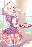  1girl :d apron blonde_hair blue_eyes checkered_clothes checkered_dress commentary_request dated dress food fruit holding holding_tray indoors long_hair looking_at_viewer looking_back maid maid_apron maid_day maid_headdress persona persona_5 plate smile solo takamaki_anne thighhighs tray twintails twitter_username waffle white_thighhighs yoruno_mahiru 