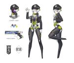  1girl arm_at_side blue_eyes english_commentary from_side full_body grey_hair gun handgun hat highres joints mgecko117 mole mole_under_mouth no_feet one_eye_closed original reference_sheet robot_girl robot_joints short_hair standing standing_on_one_leg visor_(armor) weapon white_background 