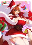  1girl animal_ears bag blush breasts brown_hair christmas christmas_present cleavage fox_ears fox_girl fox_tail fumi_(nijisanji) gift gloves hat highres holding holding_bag large_breasts long_hair murechika nijisanji open_mouth red_gloves ribbon santa_costume santa_hat smile snowflakes solo tail thighhighs thighs very_long_hair virtual_youtuber white_thighhighs yellow_eyes 