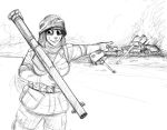 anthro clothing destroyed_tank destroyed_vehicle female fire gesture grin hi_res hladilnik military military_uniform pointing pointing_at_another proud ranged_weapon rocket_launcher rolled_up_sleeves samantha_thott scar smile solo tank uniform vehicle weapon world_war_2 