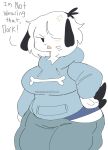  annoyed anthro black_ears black_tail blue_bottomwear blue_clothing blue_hoodie blue_topwear blue_underwear blush bone bottomwear breasts canid canine canis chubby_female clothed clothing dialogue digital_media_(artwork) domestic_dog english_text female floppy_ears front_view fur grumpy hair hair_over_eye hand_on_hip hi_res hoodie looking_at_viewer mammal one_eye_obstructed portrait puppychan puppychan48 short_hair simple_background solo text three-quarter_portrait topwear tsundere underwear white_background white_body white_fur 