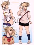  absurdres blonde_hair blue_sailor_collar blunt_bangs boku_no_hero_academia cardigan cosplay dashi_(dashiart) double_bun fangs hair_bun highres holding holding_knife knife messy_hair mirko mirko_(cosplay) multiple_views narrowed_eyes neckerchief red_neckerchief sailor_collar short_hair slit_pupils teeth toga_himiko yellow_cardigan yellow_eyes 