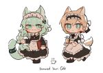  2girls :3 alternate_costume animal_ear_fluff animal_ears apron arknights black_bow black_dress blonde_hair blush_stickers bow chibi closed_mouth commentary dress english_commentary english_text enmaided frilled_apron frills green_eyes green_hair hair_between_eyes harmonie_(arknights) highres holding holding_tray horn_(arknights) long_sleeves maid maid_apron maid_headdress multiple_girls puffy_long_sleeves puffy_sleeves reiya_(yukeewoof) simple_background slit_pupils tail tray white_apron white_background 