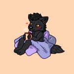 anthro artsyclaws bedding beverage black_nose black_sclera blanket blush canid canine canis container cozy cup darkwolf_(darkwolfdemon) digital_media_(artwork) fur hair heart_symbol hi_res male mammal pillow scar simple_background solo tail tea wolf