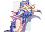  1girl bare_shoulders blonde_hair blue_dress blue_footwear blue_hat blush boots breasts cleavage dark_magician_girl dress duel_monster hat highres huanxiang_huifeng large_breasts long_hair one_eye_closed pink_skirt shadow simple_background skirt solo white_background yu-gi-oh! 