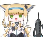  1girl 1other :d animal_ear_fluff animal_ears arknights arms_up bare_shoulders black_gloves black_jacket blonde_hair blue_hairband braid chibi detached_hair doctor_(arknights) eating_hair fox_ears fox_girl fox_tail gloves green_eyes hair_rings hairband highres holding holding_hair hood hood_up hooded_jacket jacket kitsune multicolored_hair shirt simple_background single_glove smile spam_(spamham4506) suzuran_(arknights) tail two-tone_hair white_background white_hair white_shirt 