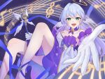  1girl aqua_eyes bare_shoulders blue_hair breasts cleavage detached_sleeves dress earrings gloves halo head_wings highres holding holding_staff honkai:_star_rail honkai_(series) jewelry long_hair looking_at_viewer mizuna_(lo0hk) musical_note open_mouth purple_dress purple_hair robin_(honkai:_star_rail) short_sleeves smile solo staff two-tone_dress white_dress white_gloves white_wings wings 