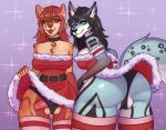  anthro balls black_hair blue_eyes breasts brown_hair canid canine canis choker christmas christmas_clothing clothing domestic_dog duo front_view fur genitals geshache gynomorph hair holidays ineffective_clothing intersex jewelry legwear looking_at_viewer mammal multicolored_body multicolored_fur necklace penis rear_view simple_background spots spotted_body spotted_fur thick_thighs thigh_highs tongue tongue_out 