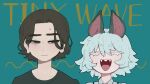  1boy 1girl animal_ears aqua_background baek-ji_(sparrowl) bat_ears bat_girl black_hair black_shirt closed_eyes commentary_request eyebrows_visible_through_hair hair_behind_ear highres open_mouth original sharp_teeth shirt short_hair smile sparrowl sweatdrop teeth white_hair 