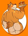 absurd_res anthro back_groove broad_shoulders bubble_butt butt canid canine cocked_hip facial_hair food food_on_head fox fur hi_res holding_plate janjauwu legs_together looking_at_viewer looking_back looking_back_at_viewer male mammal muscular muscular_male nude nude_male orange_background orange_body orange_fur pancake pancake_(janjauwu) pose presenting presenting_hindquarters rear_view simple_background smile smiling_at_viewer solo syrup