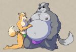  2022 anthro belly big_belly bulge canid canine canis clothing duo eye_patch eyewear fox fox_mccloud grey_body loafbeaw male male/male mammal moobs navel nintendo nipples obese obese_male overweight overweight_male scar simple_background star_fox underwear video_games wolf wolf_o&#039;donnell 