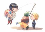  4boys beach_boy_(stand) black_hair blonde_hair blunt_bangs blush_stickers bruno_bucciarati chibi crop_top fishing_rod fur_collar green_hair guido_mista hair_ornament hat hitofutarai jitome jojo_no_kimyou_na_bouken long_sleeves male_focus multiple_boys open_mouth pesci prosciutto spiked_hair stand_(jojo) suit sweat vento_aureo 