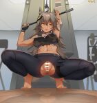  1girl abs absurdres animal_ears armpits bare_arms bare_shoulders barefoot belly breasts censored cr-21_(girls&#039;_frontline) dark-skinned_female dark_skin extra_ears feet girls&#039;_frontline grey_hair highres long_hair looking_at_viewer navel ninai open_mouth pussy sportswear tongue tongue_out wolf_ears wolf_girl 