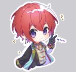  1boy :3 blush chibi chinese_clothes cropped_torso earrings ensemble_stars! gloves highres jacket jacket_on_shoulders jewelry looking_at_viewer male_focus purple_eyes red_hair short_hair smile solo sparkle su_dong_huo_ji suou_tsukasa v 