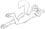  2021 anthro areola arm_support breasts butt canid canine canis claws digitigrade feet female hi_res lakeslug leaning_on_elbow looking_back looking_over_shoulders lying mammal nipples nude on_front one_leg_up pawpads raised_leg raised_tail side_boob simple_background soles solo white_background wolf 