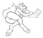  2020 absurd_res anthro arm_support bent_legs butt canid canine canis chest_tuft computer digitigrade elbow_tufts eyebrows female fluffy fluffy_tail genitals hi_res inner_ear_fluff lakeslug laptop leaning_on_elbow looking_at_object lying mammal nude on_ground on_side pawpads pussy shoulder_tuft simple_background solo tuft white_background wolf 