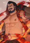  1boy armpit_hair bara bare_pectorals beard black_hair blurry blurry_background character_name crave_saga deszaiv_(crave_saga) detached_sleeves facial_hair finger_in_ear flame_print frown full_beard gloves gorou_naoki hand_on_own_hip highres jewelry large_pectorals looking_to_the_side male_focus mature_male muscular muscular_male mustache nipple_piercing pectorals pendant piercing short_hair solo sparse_navel_hair steam sweat upper_body 