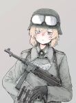  1girl absurdres assault_rifle blonde_hair character_request copyright_request gloves goggles goggles_on_head goggles_on_headwear grey_background gun hat helmet highres holding holding_gun holding_weapon jacket long_sleeves military military_hat military_jacket military_uniform original rifle shichisaburo simple_background soldier solo uniform weapon world_war_ii 