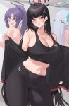  3girls :d bare_shoulders black_hair black_jacket black_pants black_sports_bra blue_archive blue_eyes breasts bright_pupils cleavage collarbone commentary cowboy_shot crop_top hair_ornament head_tilt highres huge_breasts jacket kuavera leggings long_hair looking_at_viewer midriff multiple_girls navel noa_(blue_archive) nude open_mouth pants parted_lips purple_hair red_eyes rio_(blue_archive) smile sports_bra standing symbol-only_commentary thick_thighs thighs very_long_hair white_pupils yoga_pants yuuka_(blue_archive) 