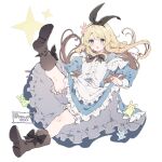  1girl :o alice_(alice_in_wonderland) alice_in_wonderland artist_name black_bow black_bowtie black_footwear bloomers boots bow bowtie center_frills floating_hair frills hair_ribbon ikeuchi_tanuma juliet_sleeves long_hair long_sleeves puffy_sleeves rabbit ribbon signature solo strap_slip twitter_username underwear very_long_hair white_bloomers 