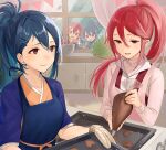  4girls alternate_hairstyle apron blue_apron blue_hair blue_scarf braid brown_eyes candy chocolate commentary_request commission cooking cordelia_(fire_emblem) crown_braid curtains fire_emblem fire_emblem_awakening fire_emblem_fates food hair_between_eyes hair_bun hair_ornament hairclip haru_(nakajou-28) heart heart-shaped_chocolate highres indoors kana_(female)_(fire_emblem) kana_(fire_emblem) long_hair long_sleeves looking_at_another morgan_(female)_(fire_emblem) morgan_(fire_emblem) mother_and_daughter multiple_girls oboro_(fire_emblem) oven_mitts pink_apron plaid_oven_mitts pointy_ears red_eyes red_hair ribbed_sweater scarf short_hair single_hair_bun skeb_commission smile sweater turtleneck turtleneck_sweater white_sweater window 