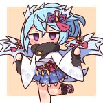  1girl bangs blue_bow blue_hair blue_skirt blue_wings blush bow brown_background chibi covered_mouth empty_eyes eyebrows_visible_through_hair feet_out_of_frame fur-trimmed_sleeves fur_collar fur_trim hair_between_eyes hair_bow hana_kazari highres japanese_clothes kimono long_sleeves looking_at_viewer obi pinching_sleeves pleated_skirt pointy_ears princess_connect! purple_eyes sash shefi_(princess_connect!) skirt solo standing standing_on_one_leg two-tone_background white_background white_kimono wide_sleeves wings 
