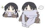  ... 1girl black_eyes black_hair brown_coat chito_(shoujo_shuumatsu_ryokou) coat covered_mouth grey_scarf highres looking_at_viewer multiple_views scarf shoujo_shuumatsu_ryokou simple_background sparkle speech_bubble tobippi twintails upper_body white_background 