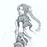  1girl aerith_gainsborough braid braided_ponytail closed_mouth cropped_jacket dress english_commentary final_fantasy final_fantasy_vii hair_ribbon holding_hands jen_bartel looking_at_viewer looking_back monochrome parted_bangs pov pov_hands ribbon sidelocks signature sketch 