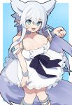  1girl :3 animal_ears ariceriver_mew blue_eyes blue_ribbon breasts cleavage clothes_lift dress dress_lift extra_ears fang feet_out_of_frame fenrys frilled_dress frills grey_choker grey_wrist_cuffs highres huge_breasts lifted_by_self looking_at_viewer lv2_kara_cheat_datta_moto_yuusha_kouho_no_mattari_isekai_life nail_polish o-ring_strap open_mouth pointy_ears ribbon simple_background smile solo strap_slip waist_ribbon white_dress white_hair wolf_ears 