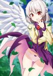  1girl ass_visible_through_thighs blue_sky blurry blurry_background bow bow_panties braid closed_mouth cloud cloudy_sky commentary_request day depth_of_field dress falling_leaves feathered_wings grey_hair groin hair_between_eyes hand_to_own_mouth hand_up highres jacket kishin_sagume leaf long_sleeves nenosame open_clothes open_jacket outdoors panties puffy_long_sleeves puffy_sleeves purple_dress red_eyes sky solo touhou underwear white_panties white_wings wings yellow_jacket 