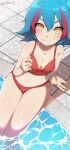  1girl absurdres artist_name beyblade beyblade:_burst bikini blue_hair breasts chankyone character_name highres ilya_mao red_hair signature sitting small_breasts solo swimsuit water yellow_eyes 