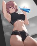  1girl absurdres arm_up armpits bad_anatomy bare_arms bare_shoulders black_buruma blue_eyes bottle breasts brown_hair buruma commentary cream_bread english_commentary groin hair_between_eyes hair_intakes hand_up highres holding holding_bottle honkai_(series) honkai_impact_3rd lantern_(honkai_impact) looking_at_viewer medium_breasts navel parted_lips solo steam sweat water_bottle 