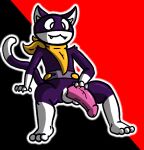  abstract_background anthro atlus bandanna belt big_penis felid flaccid fur genitals hand_on_penis humanoid_genitalia humanoid_penis kerchief male mammal megami_tensei megami_tensei_persona morgana_(persona) penis purple_body purple_fur sitting solo theenyface video_games white_body white_fur 