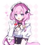  1girl :d argyle_background blue_eyes breasts cherry cleavage commentary_request done_(qz1c_) elbow_gloves elysia_(honkai_impact) food fruit gloves hand_up heart highres holding holding_food honkai_(series) honkai_impact_3rd horns long_hair maid_headdress medium_breasts pink_hair puffy_short_sleeves puffy_sleeves shirt short_sleeves smile solo upper_body very_long_hair white_gloves white_shirt 