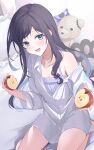  1girl :d absurdres aiba_uiha apple black_hair blue_eyes blush bow breasts camisole collarbone collared_shirt dress_shirt food fruit hair_bow highres holding holding_food holding_fruit indoors long_hair looking_at_viewer menomanome mole mole_under_eye nijisanji off_shoulder on_bed open_clothes open_mouth oversized_clothes oversized_shirt pillow purple_bow seiza shirt sitting small_breasts smile solo stuffed_animal stuffed_toy teddy_bear virtual_youtuber white_shirt 