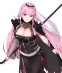  1girl armlet belt black_cape black_nails breasts cape chantu_irasu cloak closed_mouth gold_trim highres holding holding_scythe holding_weapon hololive hololive_english large_breasts long_hair looking_at_viewer mori_calliope mori_calliope_(1st_costume) pink_hair red_eyes scythe see-through see-through_sleeves simple_background smile solo spikes tiara veil very_long_hair virtual_youtuber weapon white_background white_belt 
