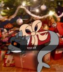  anthro censor_bar censored censored_face christmas christmas_present christmas_tree clothing cordy_fox demon detailed_background digital_media_(artwork) emoji english_text fish gift_wrapped grey_body grey_markings grey_tongue hair holidays horn hybrid legwear looking_at_viewer male marine markings matt_(icyflames) plant seductive shark shark_tail smile snapchat solo text tongue tree 