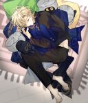  1boy aventurine_(honkai:_star_rail) barefoot blonde_hair critter_pick_(honkai:_star_rail) fetal_position honkai:_star_rail honkai_(series) hugging_clothes hugging_object implied_yaoi lying male_focus on_floor pajamas pillow rechu2300 short_hair solo 