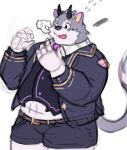  205nin absurd_res anthro belphegor_(tas) belt bottomwear clothing demon disembodied_hand fur gloves grey_body grey_fur handwear hi_res horn lifewonders male overweight pinching_cheeks shorts suit tokyo_afterschool_summoners topwear vest 